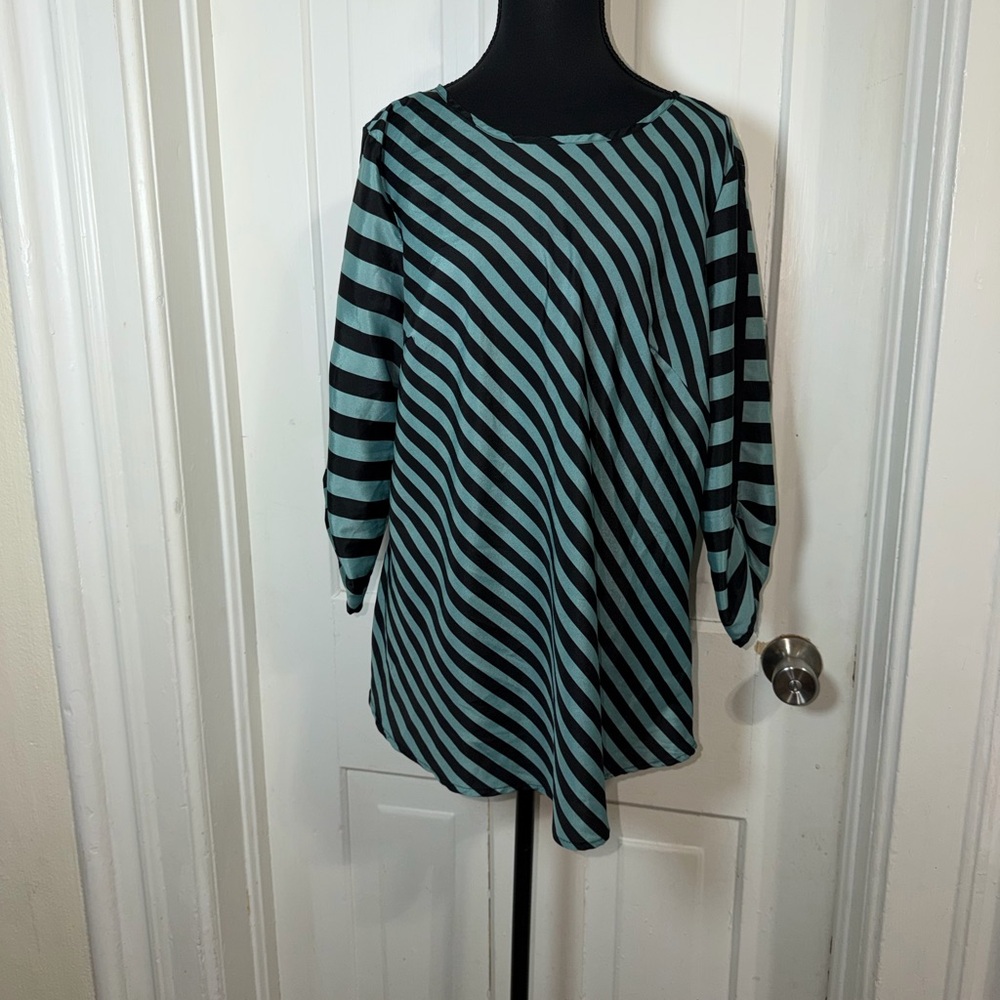 Women's size large ECI Black and Teal Striped Long Sleeve Top, shirt, blouse